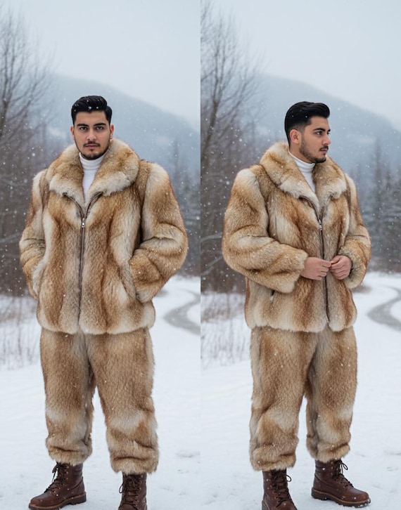 Men’s Winter Fur Jacket Pant Set | Warm Luxury Snow Outfit for Cold Countries