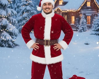 Velvet Santa Suit Costume, Faux Fur Trim, Cowhide Belt