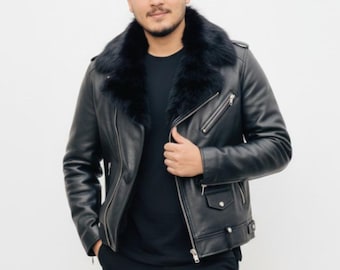 Genuine Black Leather Jacket for Men – Faux Fur Collar Motorcycle Coat