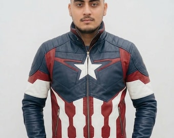 Star Shield Superhjälte Läderjacka för Herrar – Röd Vit Blå Cosplay Bikerjacka