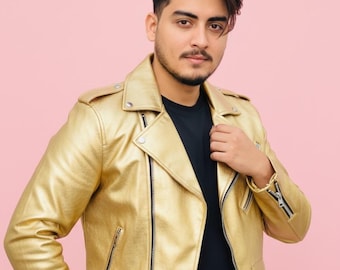 Luxury Gold Moto Jacket for Men – Shiny Partywear Outerwear
