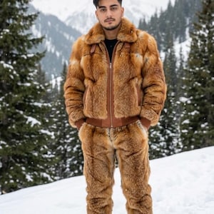 Luxury Brown Fur Winter Suit for Men – Fur Jacket with Matching Pants Set