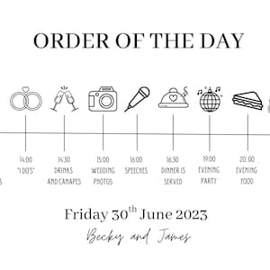 Wedding order of the day template, wedding timeline template, wedding order of events, minimalist design, digital download editable template