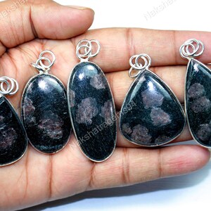 Peut inclure: Cinq pendentifs en pierres précieuses sombres avec des boucles argentées. Les pendentifs ont une base noire avec des taches marron. Les formes comprennent des motifs en goutte, ovales et triangulaires. Les pendentifs sont tenus dans une main.