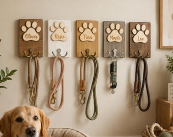 Personalized Wooden Paw Print Pet Leash Holder, Custom Dog Cat Hook