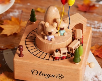 Personalized Wooden Bear Music Box with Train & Balloons, Custom Name Keepsake, Nursery Decor