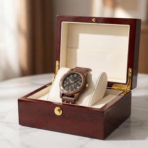 Peut inclure: Une montre en bois avec un cadran sombre et un bracelet en cuir marron est pr&eacute;sent&eacute;e dans un coffret en acajou ouvert, &agrave; l'int&eacute;rieur cr&egrave;me. La montre repose sur un coussin blanc. Le coffret a des charni&egrave;res et un fermoir dor&eacute;s.
