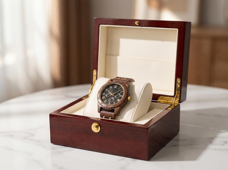 Peut inclure: Une montre en bois avec un cadran sombre et un bracelet en cuir marron est pr&eacute;sent&eacute;e dans un coffret en acajou ouvert, &agrave; l'int&eacute;rieur cr&egrave;me. La montre repose sur un coussin blanc. Le coffret a des charni&egrave;res et un fermoir dor&eacute;s.