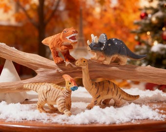 Statuette di dinosauri in legno fatte a mano: Brachiosauro, Parasaurolophus, Triceratopo e Tirannosauro