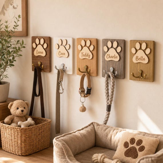 Personalized Pet Leash Holder, Custom Wooden Paw Print Dog Hook, Cat Collar Wall Hanger, Puppy Name Plaque, Pet Room Entryway Organizer