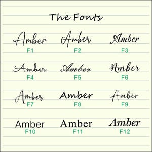 Peut inclure: Une page manuscrite avec le titre "The Fonts". Douze variations du mot "Amber" sont pr&eacute;sent&eacute;es, chacune avec un num&eacute;ro de F1 &agrave; F12, illustrant diff&eacute;rents styles de police sur un fond lign&eacute;.