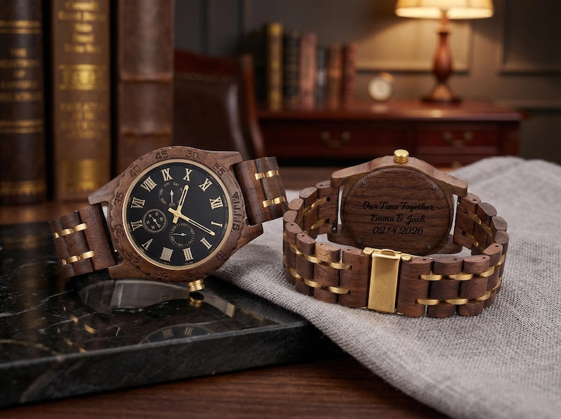 Peut inclure: Deux montres en bois avec des cadrans noirs et des accents dor&eacute;s. L'une affiche l'heure, tandis que l'autre porte l'inscription "Our Time Together, Emma & Jack 02.14.2026" au dos. Les montres sont sur une surface sombre.