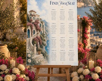 Italian Villa Wedding Seating Chart | Amalfi Coast Mediterranean Decor, Hand-Painted Watercolor (Foam Board/Poster)