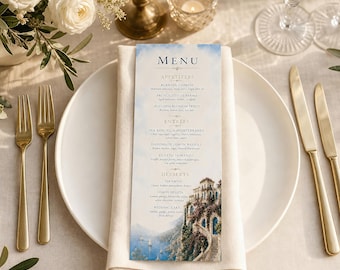 Italian Wedding Menu Card | Villa Delle Sirene Watercolor Art, Amalfi Coast Reception Stationery