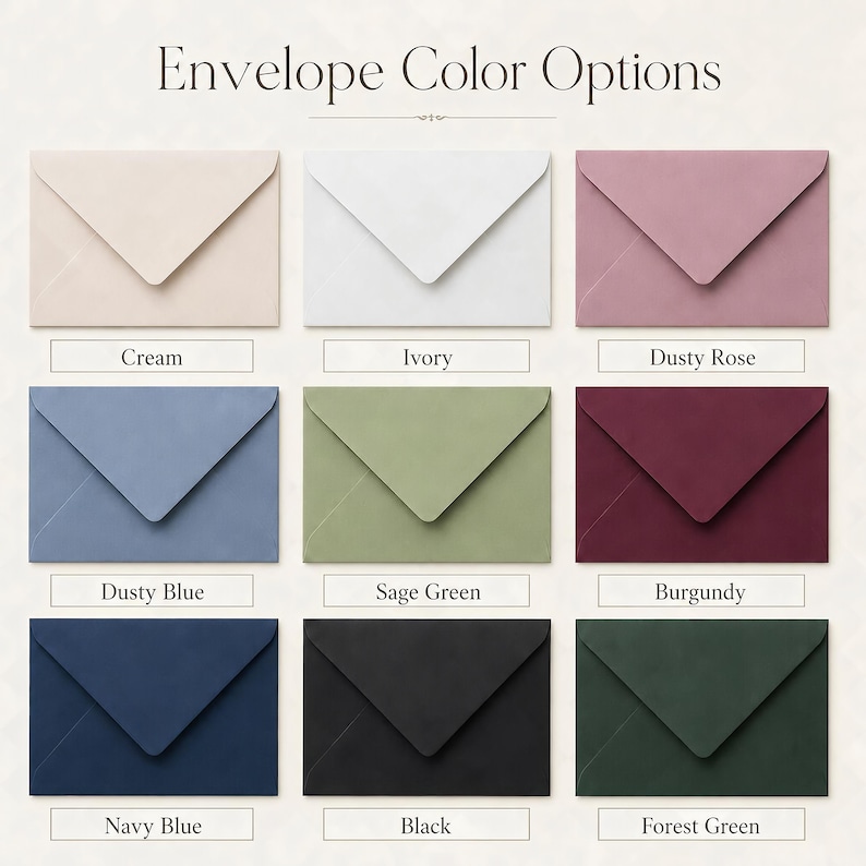 May include: A grid of nine envelopes labeled Envelope Color Options, featuring colors: cream, ivory, dusty rose, dusty blue, sage green, burgundy, navy blue, black, and forest green. Each envelope has a triangular flap and a matte finish.