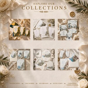May include: A collection of wedding stationery sets featuring watercolor illustrations of coastal landscapes, villas, and Mediterranean scenery. The display includes various invitation cards, envelopes, and menus with the text EXPLORE OUR COLLECTIONS.
