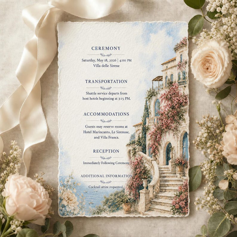 May include: A rectangular wedding invitation card with deckled edges featuring a watercolor illustration of a coastal villa with pink flowers and stone stairs. The text includes details for the ceremony, transportation, accommodations, and reception.