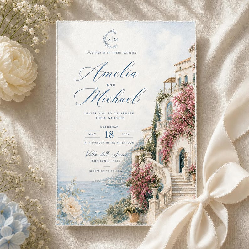 May include: A rectangular wedding invitation card featuring a watercolor illustration of a coastal Italian villa with pink bougainvillea, stone stairs, and a sea view. The text reads: Together with their families, Amelia and Michael, invite you to celebrate their wedding, Saturday, May 18, 2026, at 4 o'clock in the afternoon, Villa delle Sirene, Positano, Italy, reception to follow.