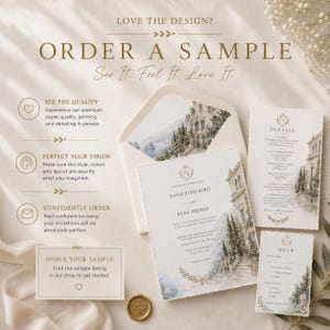 May include: A wedding invitation suite featuring a main card, details card, and RSVP card with watercolor illustrations of a villa. The text includes LOVE THE DESIGN? ORDER A SAMPLE, NATALEIGH BIRD and RYAN PROPST, and various event details.