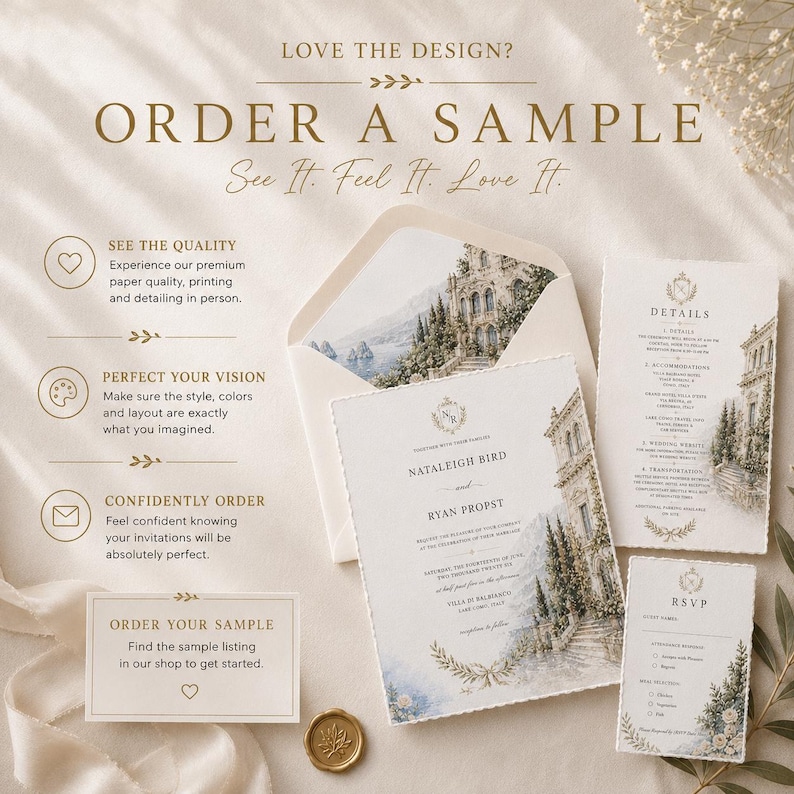 May include: A wedding invitation suite featuring a main card, details card, and RSVP card with watercolor illustrations of a villa. The text includes LOVE THE DESIGN? ORDER A SAMPLE, NATALEIGH BIRD and RYAN PROPST, and various event details.