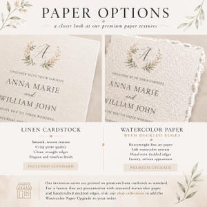 May include: A comparison of two paper options for wedding invitations. The left side shows linen cardstock with a smooth, woven texture and straight edges. The right side shows watercolor paper with a soft texture and hand-torn deckled edges.