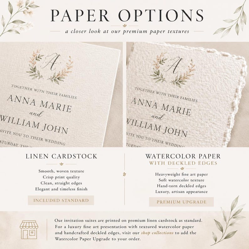 May include: A comparison of two paper options for wedding invitations. The left side shows linen cardstock with a smooth, woven texture and straight edges. The right side shows watercolor paper with a soft texture and hand-torn deckled edges.