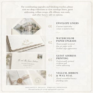 May include: A stationery upgrade guide featuring four options: envelope liners with watercolor lake scenes, deckled-edge paper with monogram printing, guest address printing on envelopes, and vellum wraps with silk ribbons and wax seals.