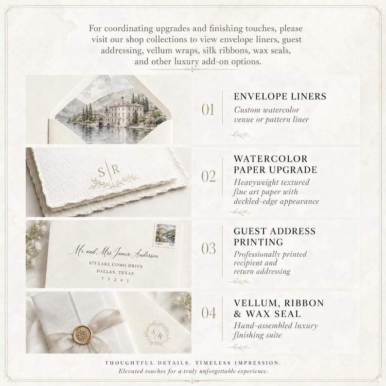 May include: A stationery upgrade guide featuring four options: envelope liners with watercolor lake scenes, deckled-edge paper with monogram printing, guest address printing on envelopes, and vellum wraps with silk ribbons and wax seals.