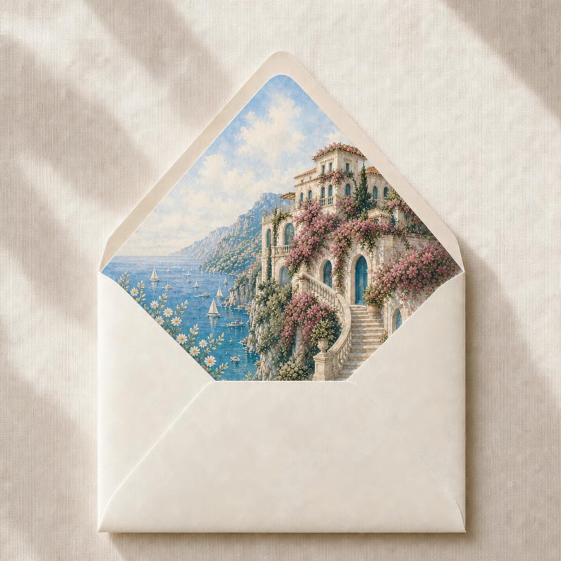 May include: An open cream-colored envelope featuring a decorative inner liner printed with a coastal scene. The illustration depicts a multi-story stone villa adorned with pink flowers, a stone staircase, and a view of a blue sea with sailboats.