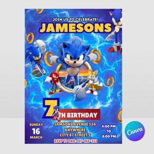 Può includere: Un invito di compleanno blu con il personaggio Sonic the Hedgehog e i suoi amici. L'invito include il testo "Unisciti a noi per festeggiare! JAMESONS" e i dettagli della festa, tra cui data, ora e luogo.