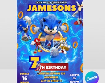 Invito di compleanno di Sonic per feste di bambini, invito per feste di Sonic The Hedgehog per ragazzi, invito di compleanno di Sonic 3 per ragazze modificabile, invito con download immediato