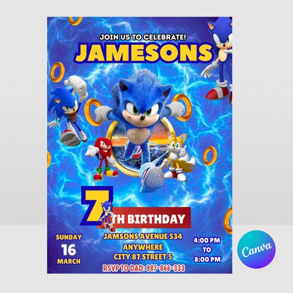 Sonic Birthday Invitation For Kids Party, Sonic The Hedgehog Boys Party Invite, Editable Sonic 3 Girls Birthday, Invite Instant Download
