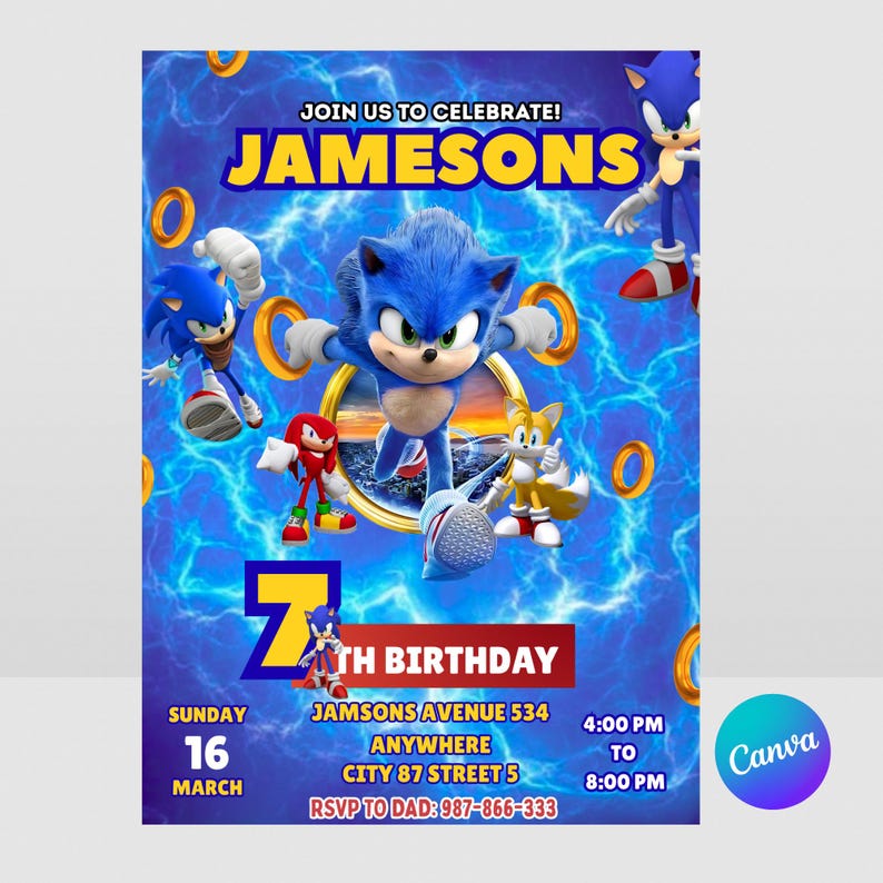 Pode incluir: Um convite de anivers&aacute;rio azul com o personagem Sonic the Hedgehog e seus amigos. O convite inclui o texto "Junte-se a n&oacute;s para celebrar! JAMESONS" e detalhes da festa, incluindo data, hora e local.