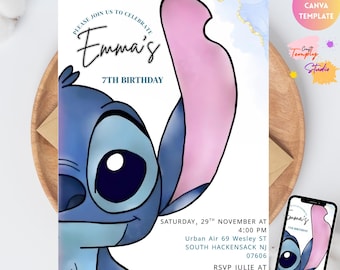 Convite de aniversário do Stitch, Convite de aniversário do Stitch editável, Convite digital para festa, Convite de aniversário do Stitch para imprimir