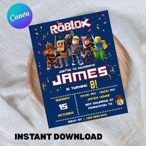 Puede incluir: Una invitaci&oacute;n de cumplea&ntilde;os de Roblox azul marino con el nombre "JAMES" y el n&uacute;mero "8" en blanco. La invitaci&oacute;n incluye la fecha, la hora y el lugar, ilustraciones de personajes de Roblox y las palabras "DESCARGA INSTANT&Aacute;NEA".