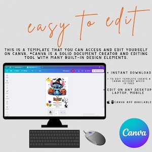 May include: A digital template for a Halloween party invitation displayed on a computer monitor. The screen shows a graphic of a blue alien character wearing a witch hat, surrounded by pumpkins, with text reading Halloween Party.