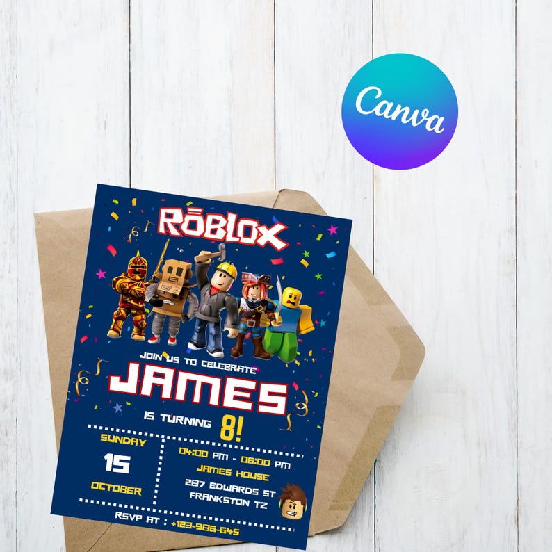 Puede incluir: Una invitaci&oacute;n de cumplea&ntilde;os de Roblox azul marino. La invitaci&oacute;n presenta el logotipo de Roblox, personajes de dibujos animados y el nombre "JAMES" en letras blancas grandes. Incluye detalles de la fiesta como la fecha, la hora y el lugar.