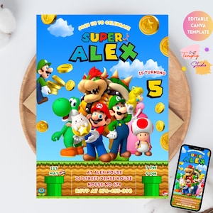 Op de afbeelding: Een kleurrijke verjaardagsuitnodiging met Super Mario-personages. De uitnodiging luidt "Super Alex wordt 5" met feestdetails. Het ontwerp bevat gouden munten, een blauwe hemelachtergrond en een mobiele telefoon met hetzelfde ontwerp.