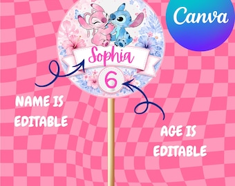 Stitch and Angel Birthday Cake Topper: Editable Party Centerpiece (Printable)