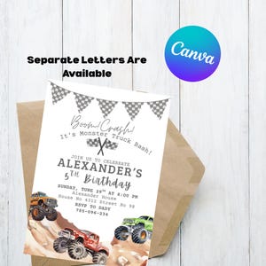May include: A white invitation card with a monster truck theme, featuring illustrations of monster trucks in orange, red, and green. The text reads "Boom! Crash! It's Monster Truck Bash!" and announces Alexander's 5th birthday.