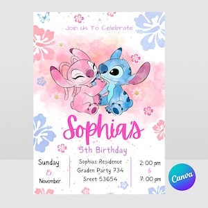 Stitch and Angel Birthday Invitation, Editable Stitch Birthday Invitation, Digital Party Invite, Stitch Birthday Party Invitation Printable
