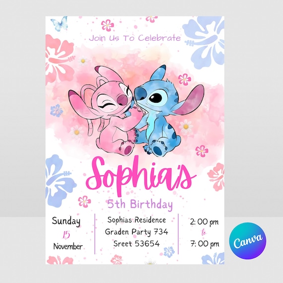 Stitch and Angel Birthday Invitation, Editable Stitch Birthday Invitation, Digital Party Invite, Stitch Birthday Party Invitation Printable