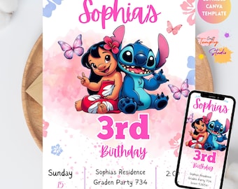 Invito di compleanno Stitch e Angel, invito di compleanno Stitch modificabile, invito digitale per feste, invito stampabile per la festa di compleanno Stitch