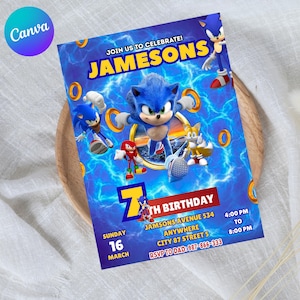 Pode incluir: Convite de anivers&aacute;rio azul com Sonic the Hedgehog e amigos. O convite apresenta "JAMESONS" e detalhes para uma festa de 7 anos, incluindo data, hora e local. O fundo tem um design de raios.