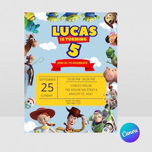 May include: A birthday party invitation featuring characters from the Toy Story movie. The invitation has a light blue background with the text "LUCAS IS TURNING 5". It includes the date, time, location, and RSVP information.