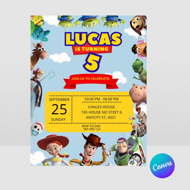 May include: A birthday party invitation featuring characters from the Toy Story movie. The invitation has a light blue background with the text "LUCAS IS TURNING 5". It includes the date, time, location, and RSVP information.