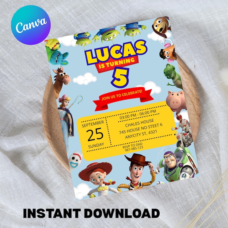 May include: A blue and yellow birthday party invitation featuring characters from the Toy Story movie. The invitation includes the text "LUCAS IS TURNING 5" and details for the party, including the date, time, and location. The words "INSTANT DOWNLOAD" are at the bottom.
