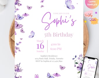 Invitación de cumpleaños de mariposa, fiesta de mariposas para niñas, invitación de cumpleaños de mariposa morada, invitación de cumpleaños, plantilla editable de Canva, niñas