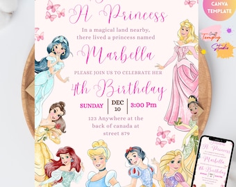 フォーエバープリンセスの誕生日招待状 フォーエバープリンセスの招待状 4歳の誕生日招待状 プリンセスパーティー ロイヤルテーマ 水彩画 編集可能