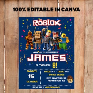 Puede incluir: Una invitaci&oacute;n de cumplea&ntilde;os con tem&aacute;tica de Roblox en azul marino con el texto "100% EDITABLE IN CANVA". La invitaci&oacute;n presenta personajes de Roblox, el nombre "JAMES" y el n&uacute;mero "8". Incluye fecha, hora y lugar.